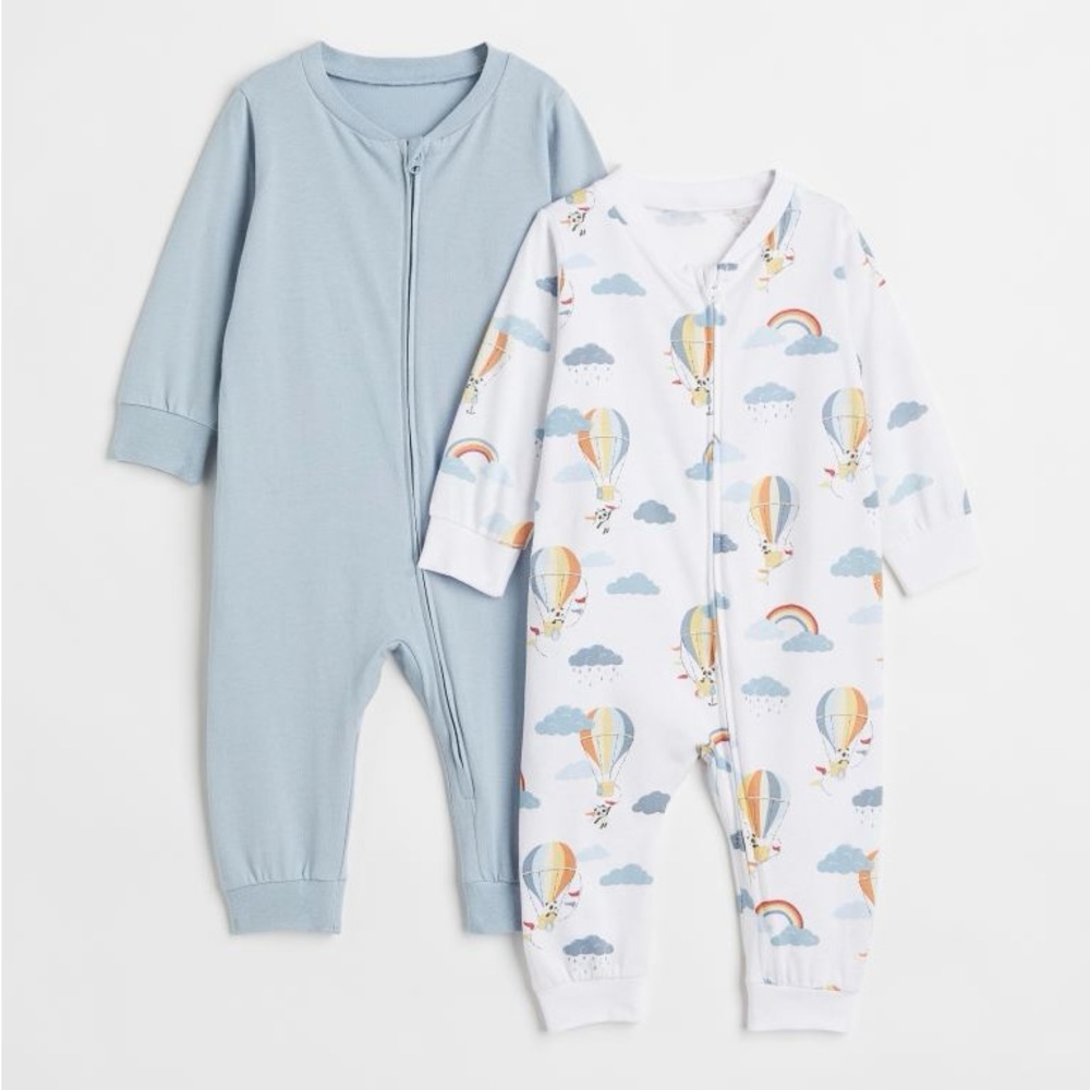 H&M Baby 2pk Zipper Pajama Footless Rompers PJs 6-9M Hot Air Balloons panda bear
